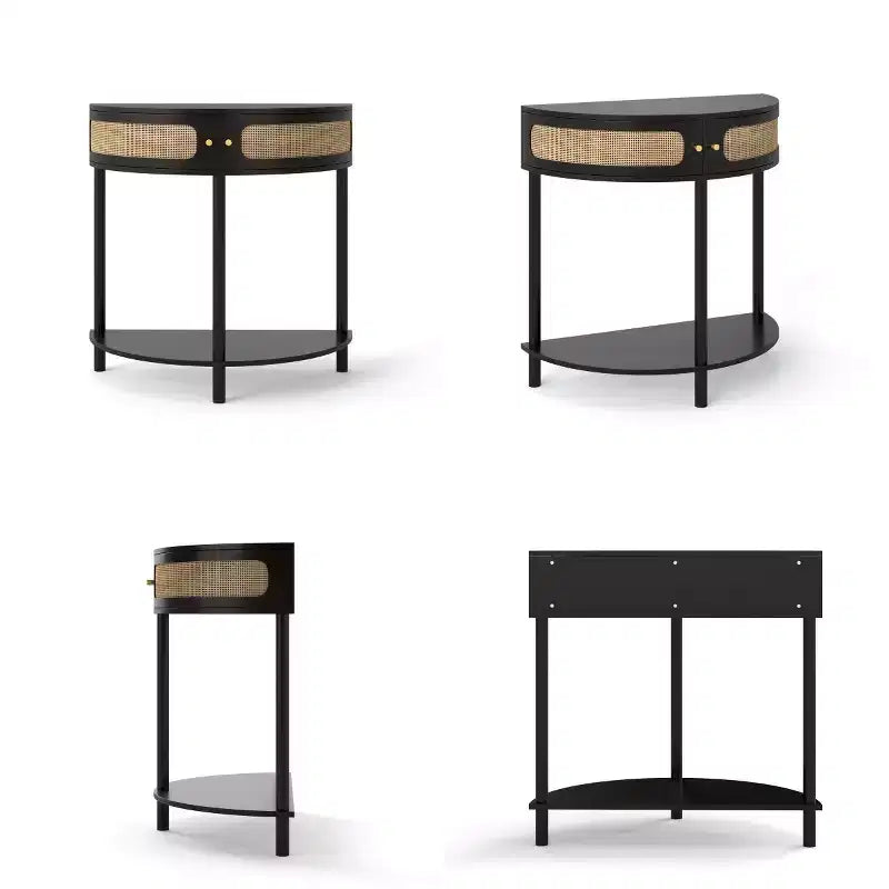 31,5 Table console d'entrée moderne avec rangement, Table de couloir demi-lune avec portes en rotin, Étagère inférieure pour salon - Panipeachy