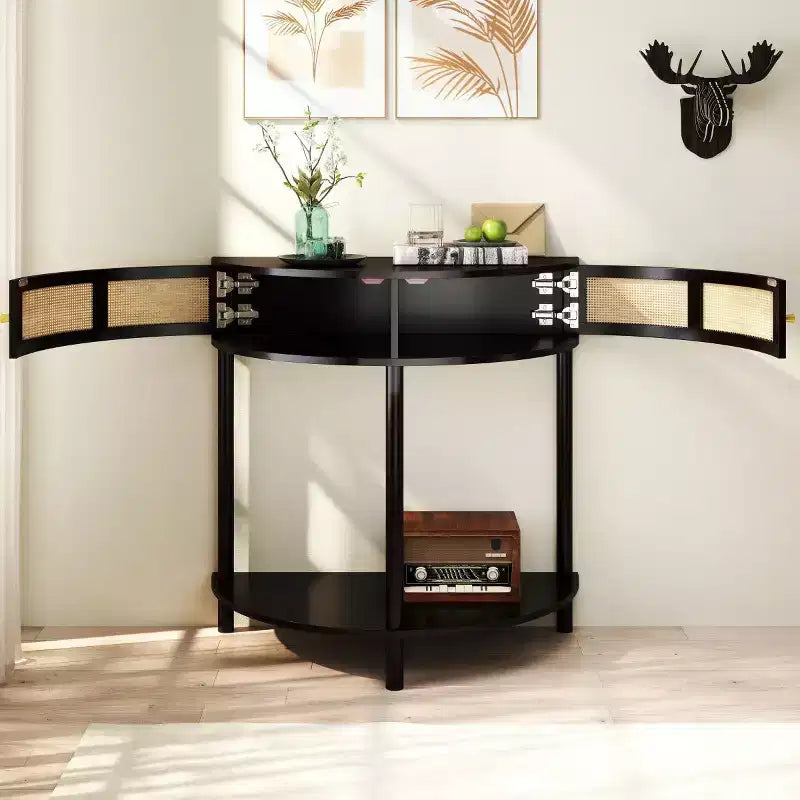 31,5 Table console d'entrée moderne avec rangement, Table de couloir demi-lune avec portes en rotin, Étagère inférieure pour salon - Panipeachy