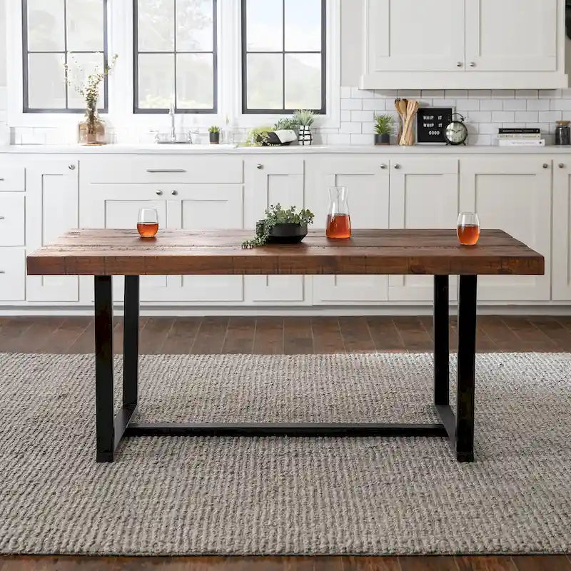 Table de salle à manger en pin massif, 72 po, aspect vieilli, avec piètement tréteau – Gris / Acajou / Chêne rustique, pour 6 à 8 personnes
