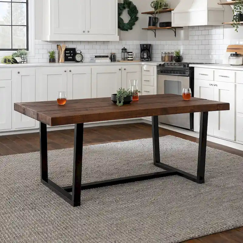Table de salle à manger en pin massif, 72 po, aspect vieilli, avec piètement tréteau – Gris / Acajou / Chêne rustique, pour 6 à 8 personnes