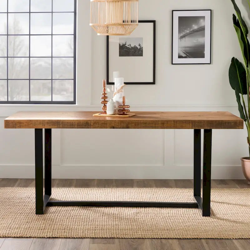 Table de salle à manger en pin massif, 72 po, aspect vieilli, avec piètement tréteau – Gris / Acajou / Chêne rustique, pour 6 à 8 personnes