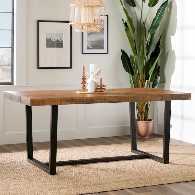 Table de salle à manger en pin massif, 72 po, aspect vieilli, avec piètement tréteau – Gris / Acajou / Chêne rustique, pour 6 à 8 personnes
