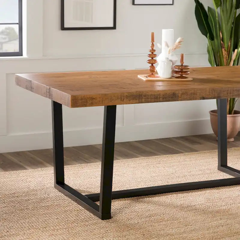 Table de salle à manger en pin massif, 72 po, aspect vieilli, avec piètement tréteau – Gris / Acajou / Chêne rustique, pour 6 à 8 personnes