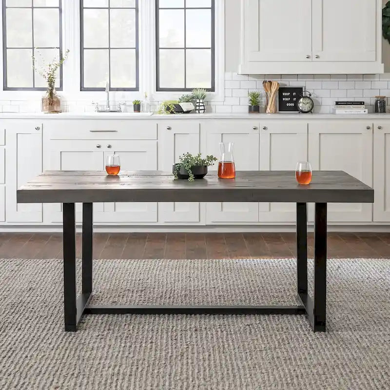 Table de salle à manger en pin massif, 72 po, aspect vieilli, avec piètement tréteau – Gris / Acajou / Chêne rustique, pour 6 à 8 personnes