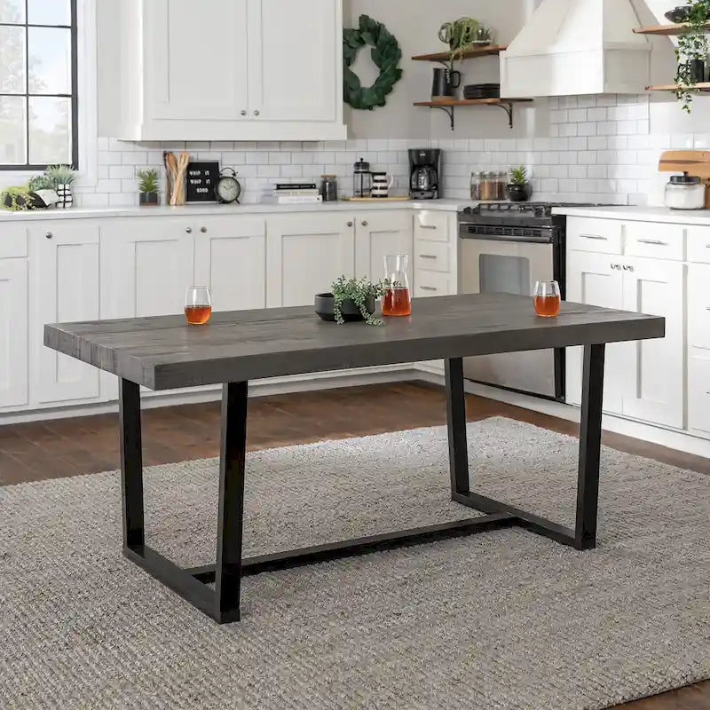 Table de salle à manger en pin massif, 72 po, aspect vieilli, avec piètement tréteau – Gris / Acajou / Chêne rustique, pour 6 à 8 personnes