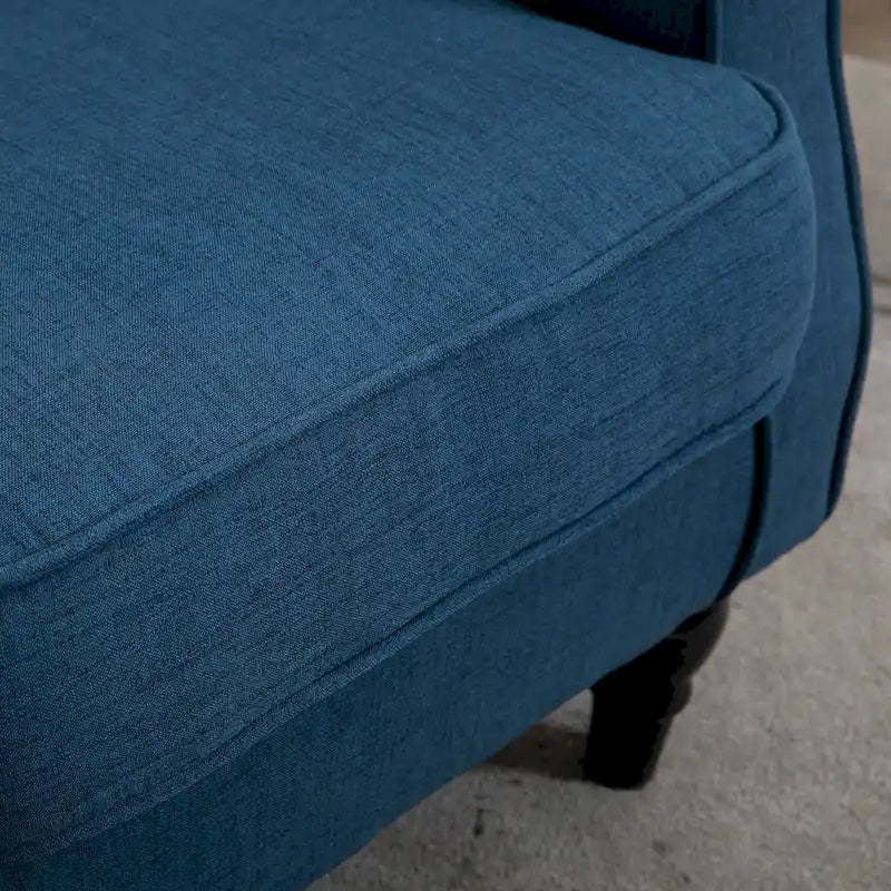 Fauteuil d'appoint capitonné avec haut dossier à oreilles, accoudoirs arrondis et rembourrés et siège épais rembourré, Bleu