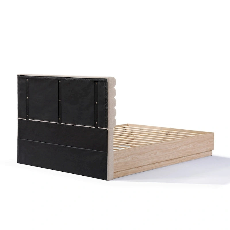 Cadre de lit plateforme Queen avec tête de lit capitonnée en bouclette et cadre en bois d'hévéa – Taupe / Naturel, pour 1 à 2 personnes