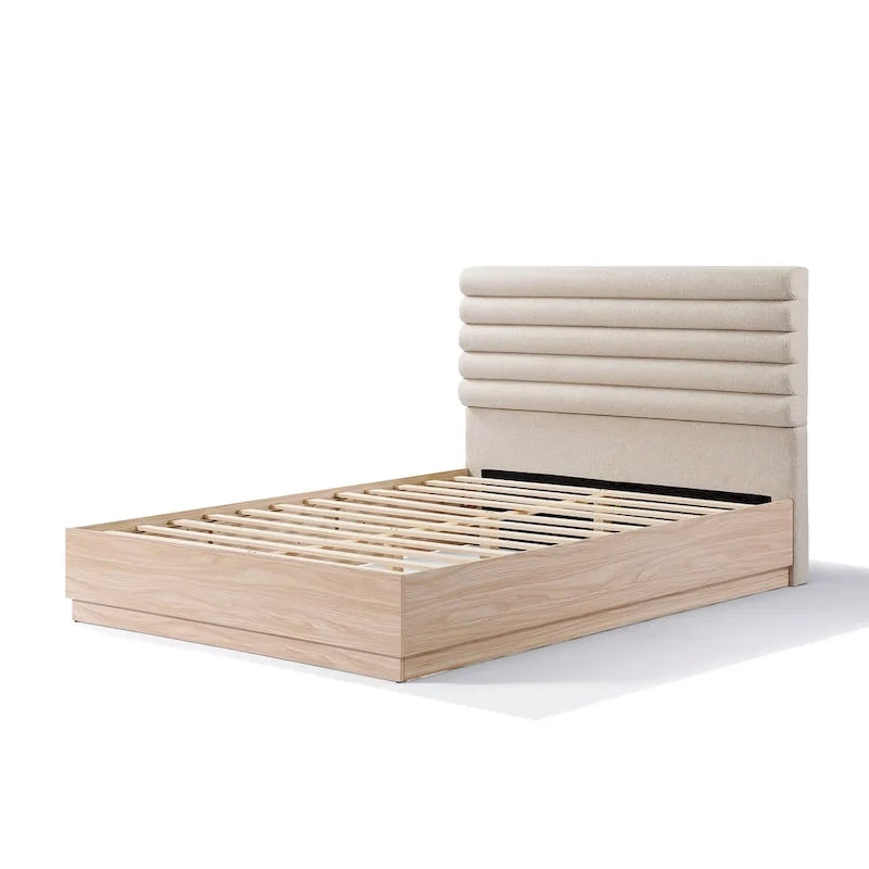 Cadre de lit plateforme Queen avec tête de lit capitonnée en bouclette et cadre en bois d'hévéa – Taupe / Naturel, pour 1 à 2 personnes