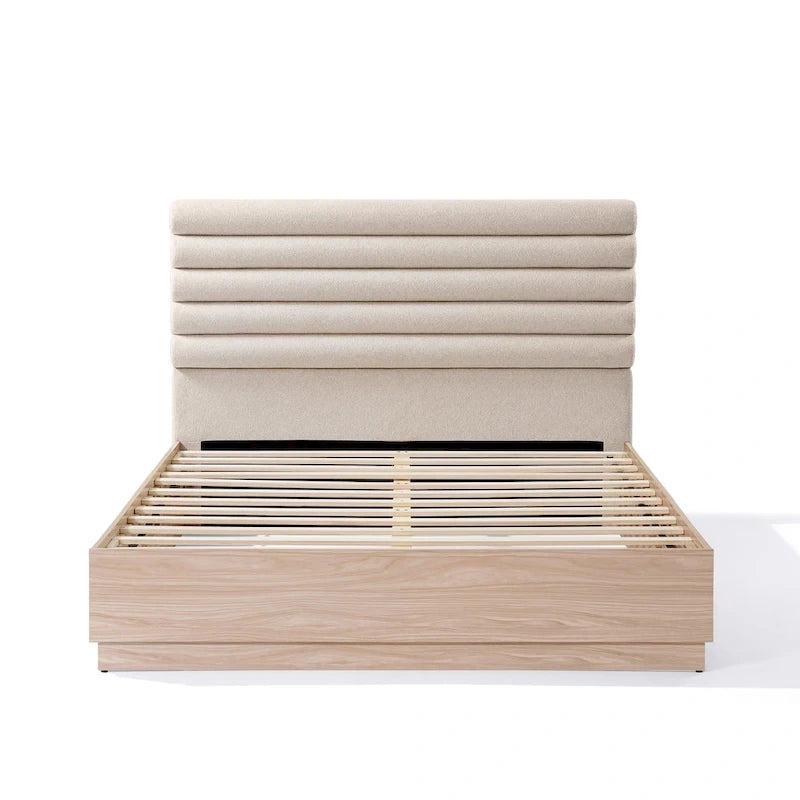 Cadre de lit plateforme Queen avec tête de lit capitonnée en bouclette et cadre en bois d'hévéa – Taupe / Naturel, pour 1 à 2 personnes