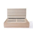 Cadre de lit plateforme Queen avec tête de lit capitonnée en bouclette et cadre en bois d'hévéa – Taupe / Naturel, pour 1 à 2 personnes