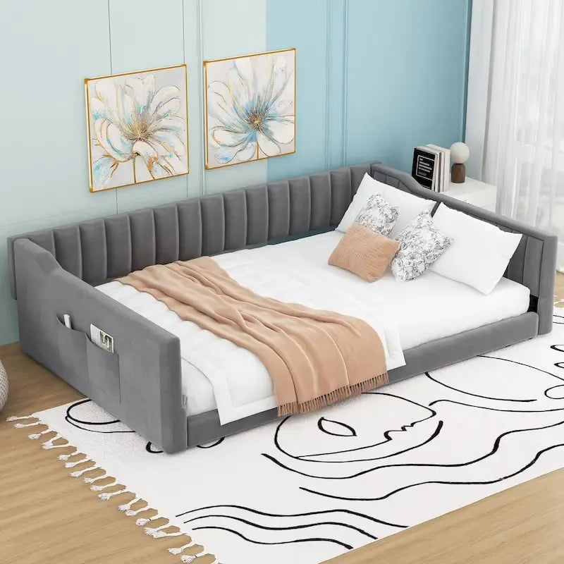 Gray / Beige Velvet Daybed with Side Storage Pocket – Full XL, Single Sleeper