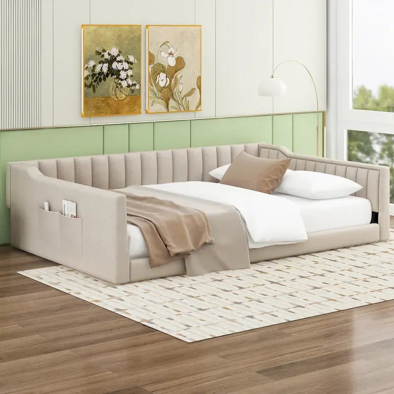 Gray / Beige Velvet Daybed with Side Storage Pocket – Full XL, Single Sleeper