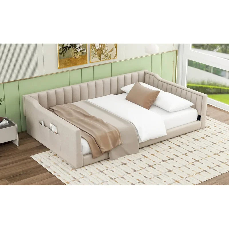 Gray / Beige Velvet Daybed with Side Storage Pocket – Full XL, Single Sleeper