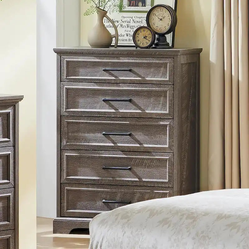 Commode rustique à 5 tiroirs avec poignées métalliques – Marron / Noir / Gris / Blanc – Unité individuelle