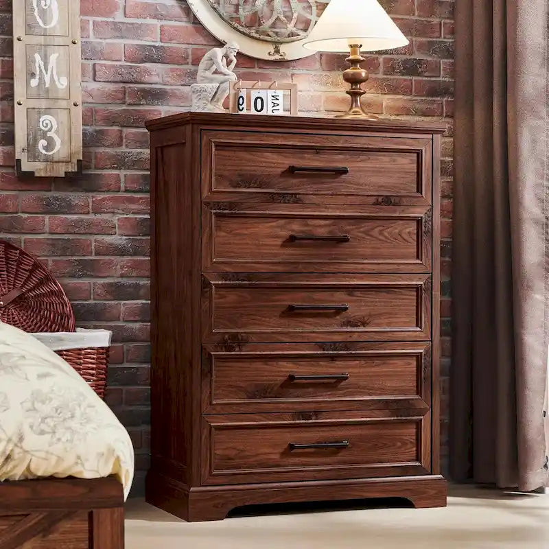 Commode rustique à 5 tiroirs avec poignées métalliques – Marron / Noir / Gris / Blanc – Unité individuelle