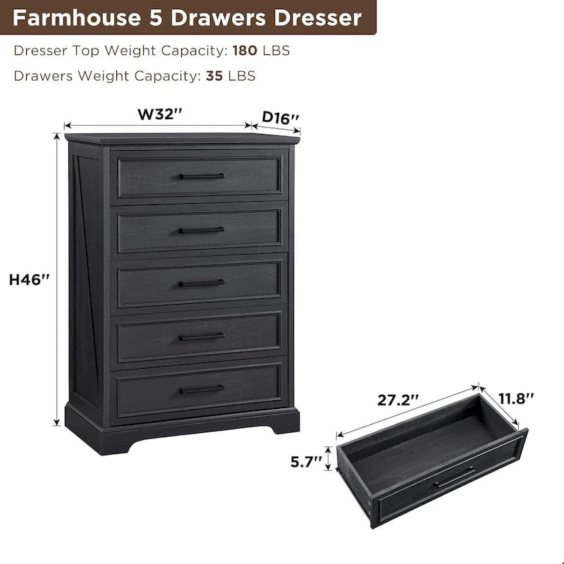 Commode rustique à 5 tiroirs avec poignées métalliques – Marron / Noir / Gris / Blanc – Unité individuelle