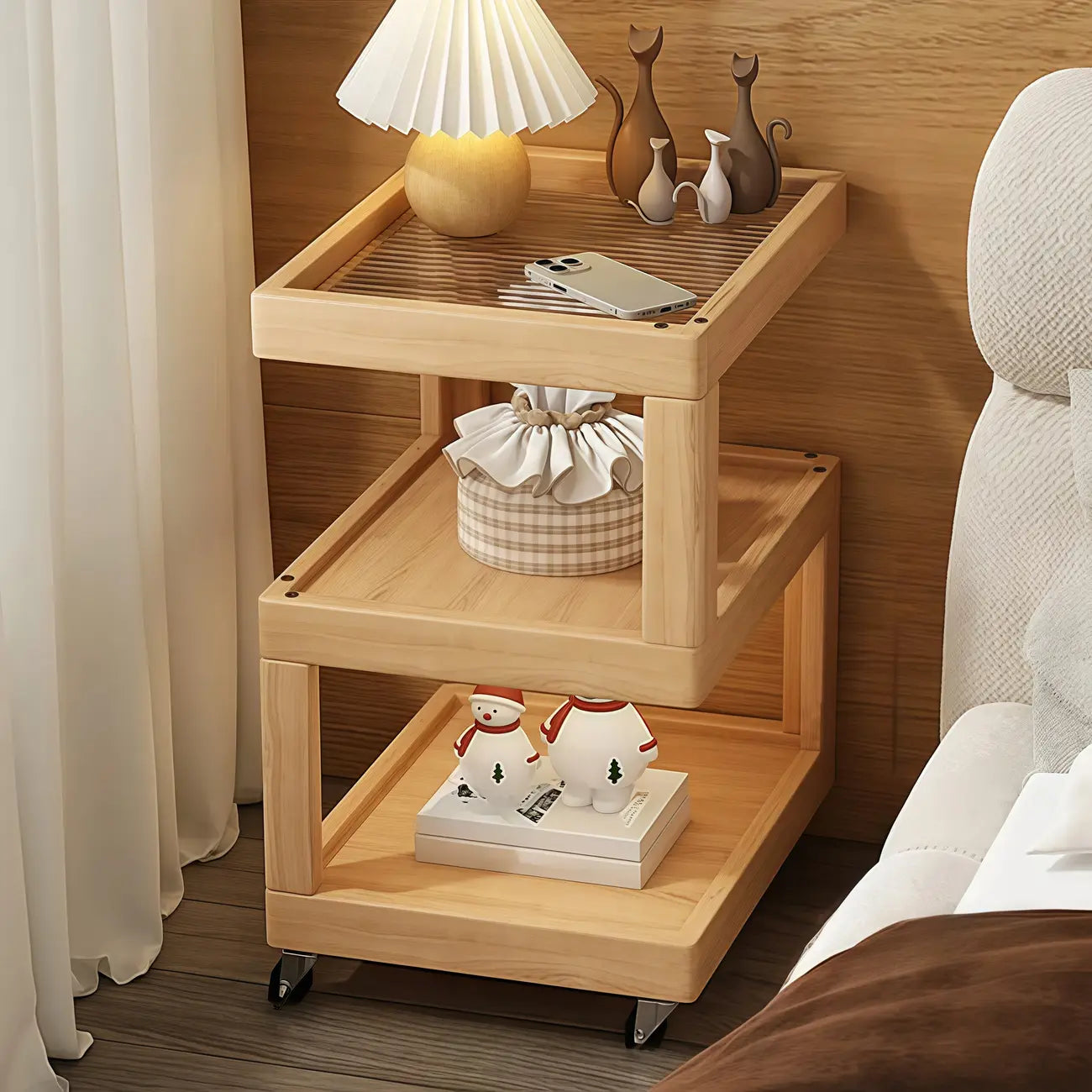 Dessus de table de rangement en bois de noyer à 3 niveaux avec roulettes