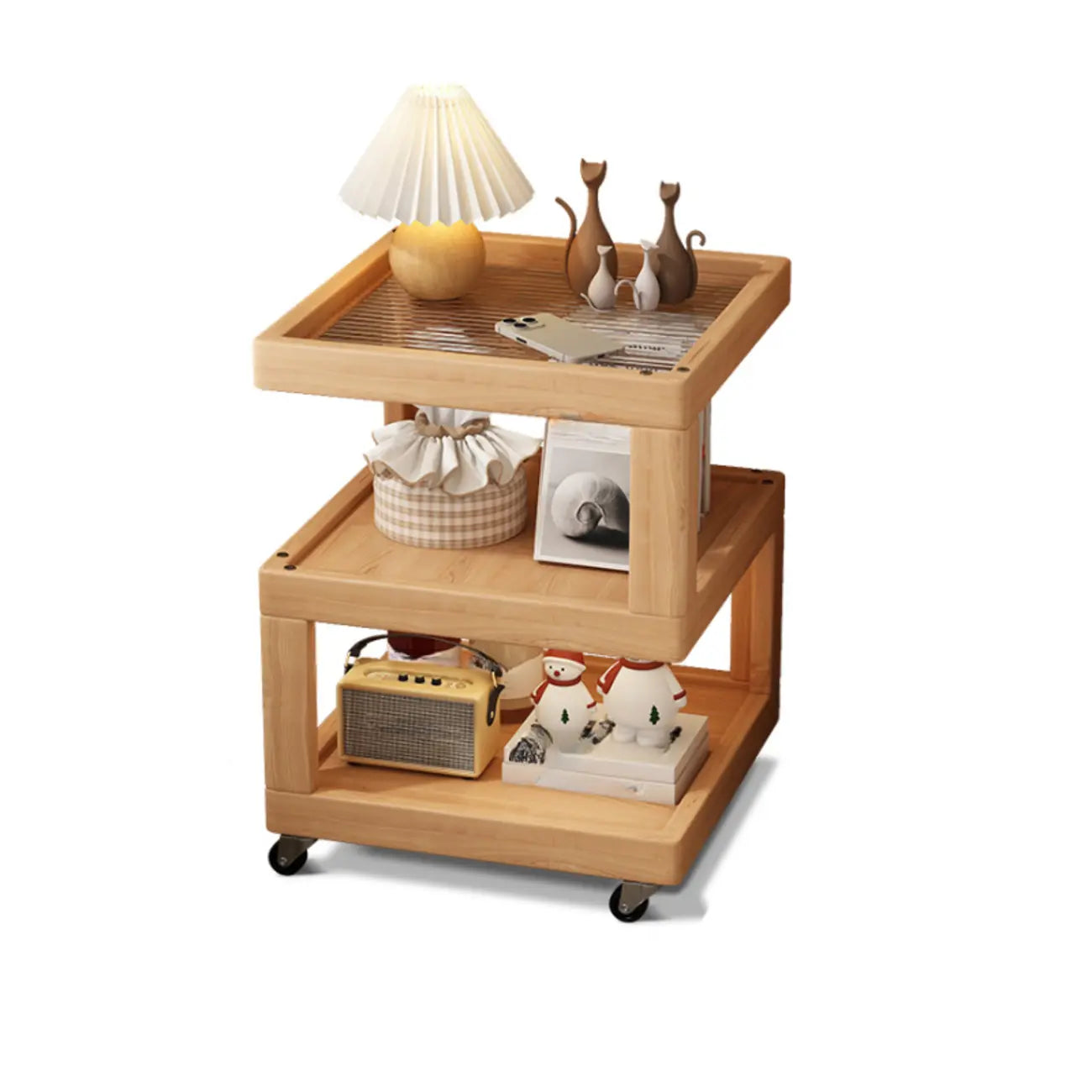 Dessus de table de rangement en bois de noyer à 3 niveaux avec roulettes