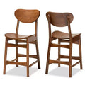 2pc Katya Wood Counter Height Barstool Set Brown - Baxton Studio: Walnut Finish, Polyester Upholstery, Footrests