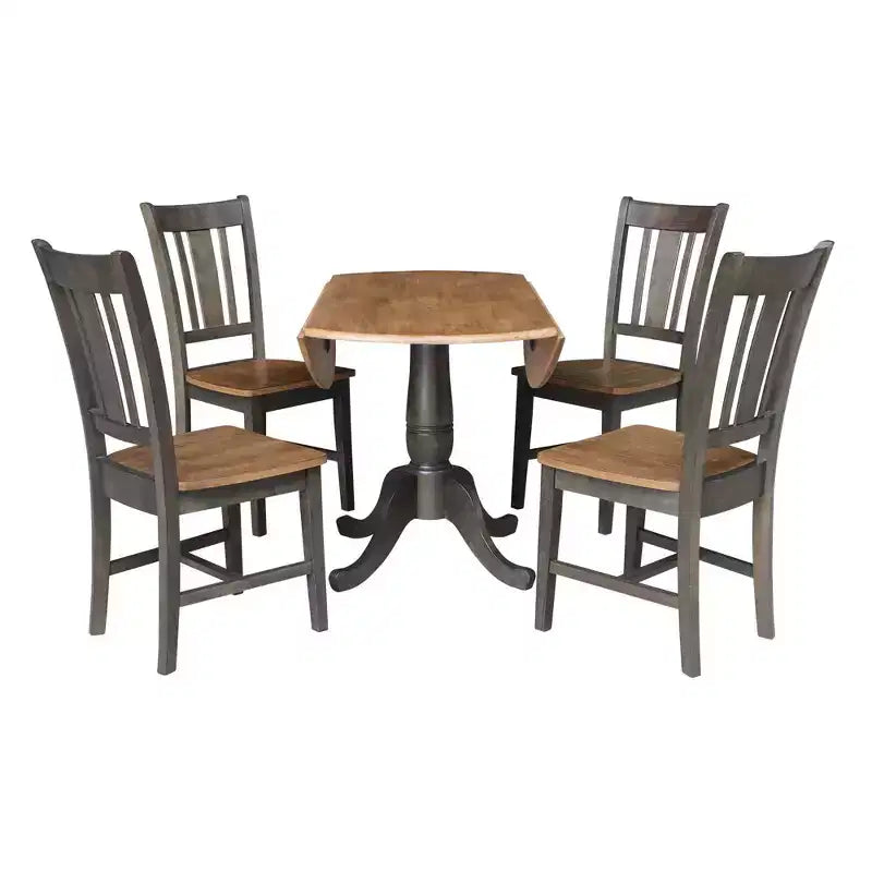 Table à manger ronde 5 pièces de 42 po à double rabat avec 4 chaises à dossier ajouré Noyer/Charbon délavé - International Concepts