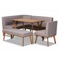 5pc Odessa Mid-Century Modern Dining Set: Brown Rubberwood Table & Upholstered Seating, Curved Legs, 4 Seats, Non-Extendable
