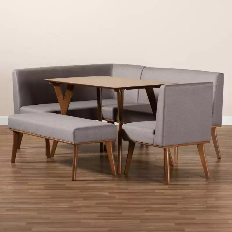 Ensemble de salle à manger moderne Odessa 5 pièces du milieu du siècle : Table en bois d'hévéa marron et sièges rembourrés, pieds incurvés, 4 places, non extensible