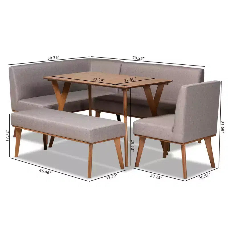 Ensemble de salle à manger moderne Odessa 5 pièces du milieu du siècle : Table en bois d'hévéa marron et sièges rembourrés, pieds incurvés, 4 places, non extensible