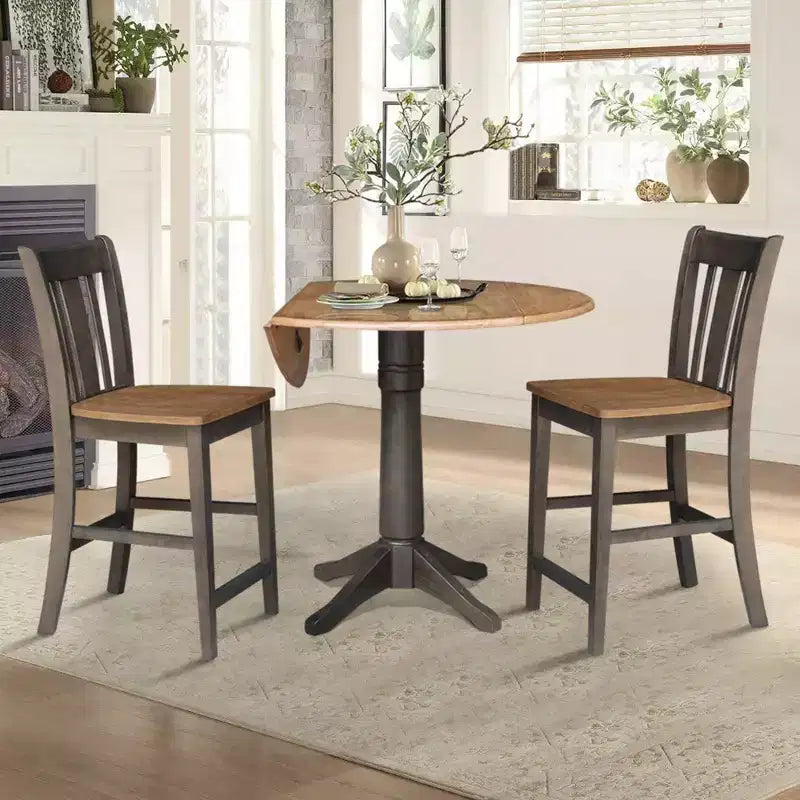 Ensemble de salle à manger rond de 42 po à hauteur de comptoir : Bois d'hévéa, piédestal, 2 tabourets - International Concepts