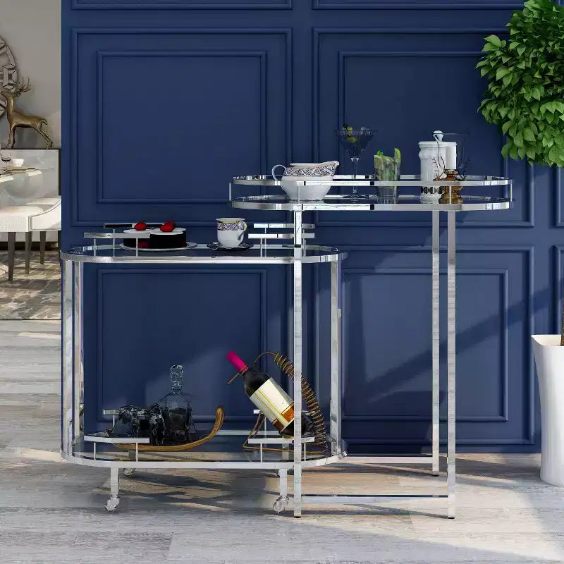 24/7 Shop At Home Carrowdore : Chariot à boissons mobile avec roulettes verrouillables, 3 niveaux finition chrome
