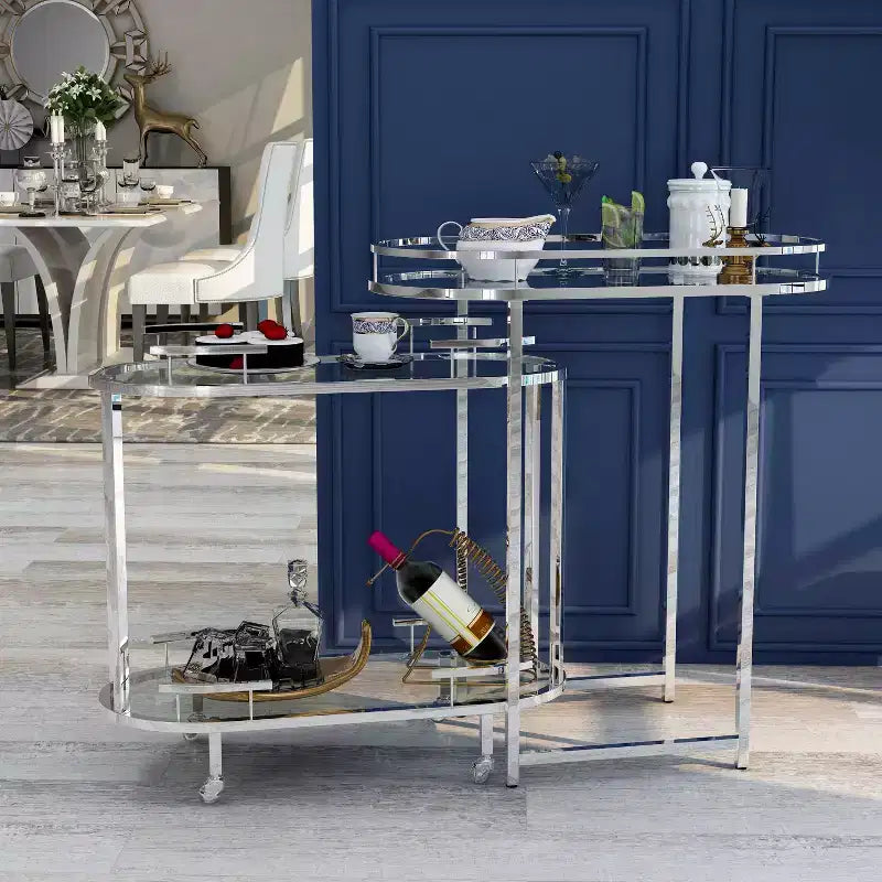 24/7 Shop At Home Carrowdore : Chariot à boissons mobile avec roulettes verrouillables, 3 niveaux finition chrome