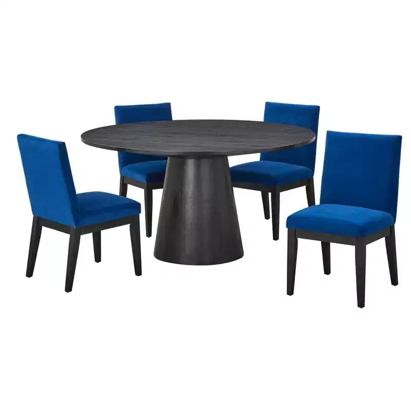 Buylateral Ensemble de salle à manger moderne 5 pièces North Bay, rond 59 po, bleu marine : chaises en velours, bois d'hévéa