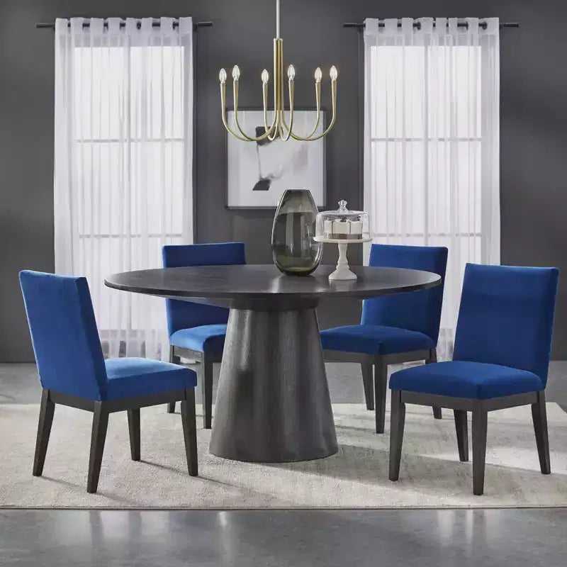 Buylateral Ensemble de salle à manger moderne 5 pièces North Bay, rond 59 po, bleu marine : chaises en velours, bois d'hévéa