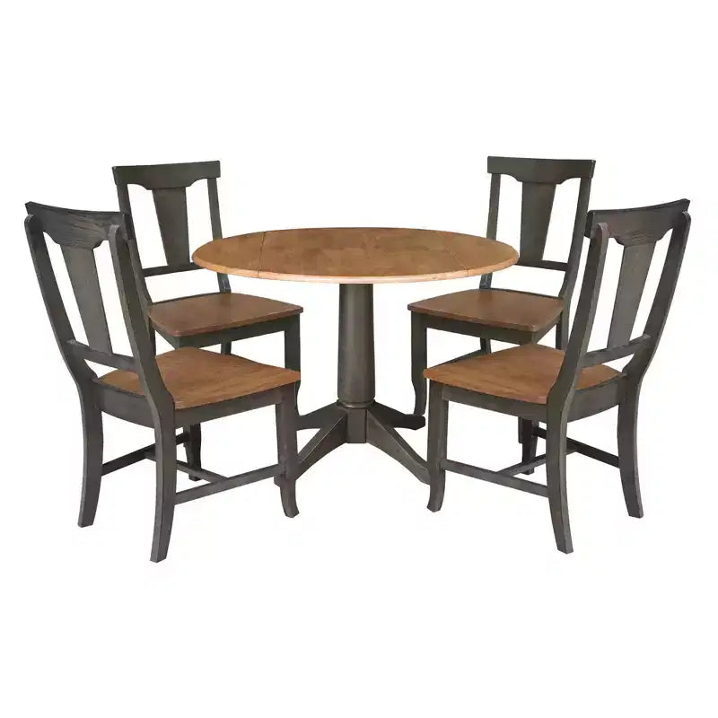 42" Round Dual Drop Leaf Dining Table with 4 Panel Back Chairs Hickory/Washed Coal - International Concepts: Traditional Style, Rubberwood Frame