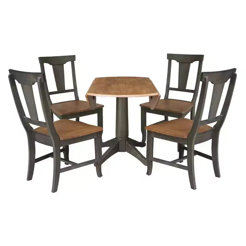 Table de salle à manger ronde de 42 po à double abattant avec 4 chaises à dossier à panneaux Hickory/Washed Coal - International Concepts : style traditionnel, cadre en bois d'hévéa