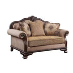 Canapé en tissu Chateaux De Ville 175 cm, finition expresso - Acme Furniture : bois sculpté, coussins capitonnés, 3 coussins inclus