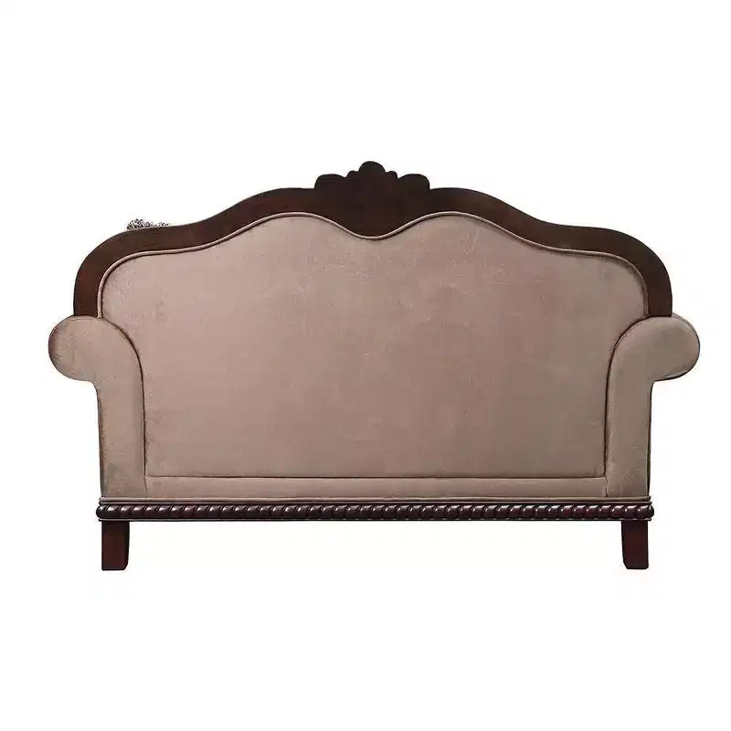Canapé en tissu Chateaux De Ville 175 cm, finition expresso - Acme Furniture : bois sculpté, coussins capitonnés, 3 coussins inclus