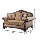 Canapé en tissu Chateaux De Ville 175 cm, finition expresso - Acme Furniture : bois sculpté, coussins capitonnés, 3 coussins inclus