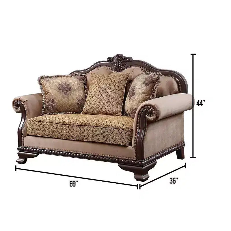 Canapé en tissu Chateaux De Ville 175 cm, finition expresso - Acme Furniture : bois sculpté, coussins capitonnés, 3 coussins inclus