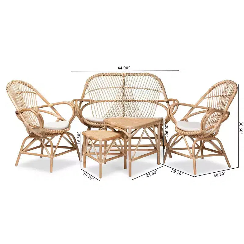 Ensemble de salon Jayden 5 pièces en tissu et rotin Blanc/Naturel - bali & pari : Aucun assemblage requis, Coussins inclus