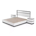 Lit Queen moderne 3 pièces Pape avec 2 tables de chevet Blanc/Gris métallisé - miBasics : Ensemble de meubles contemporains