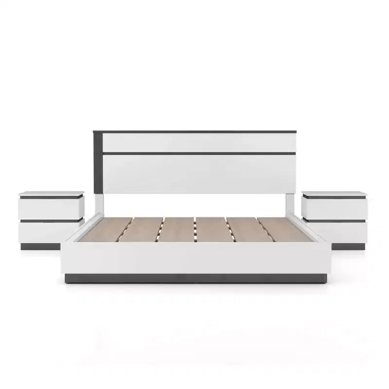 Lit Queen moderne 3 pièces Pape avec 2 tables de chevet Blanc/Gris métallisé - miBasics : Ensemble de meubles contemporains