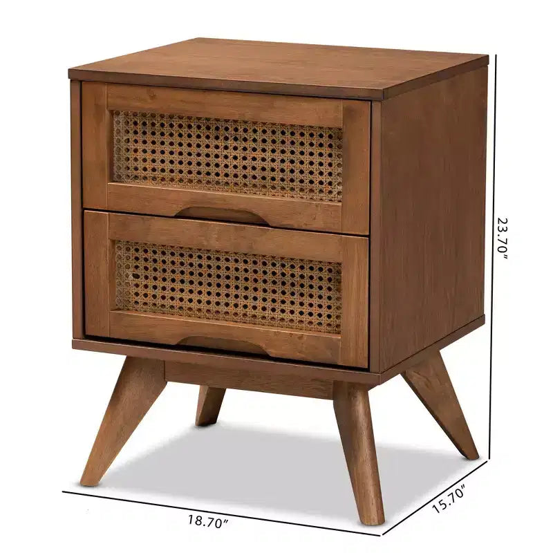 Table de chevet en bois de Barrett et rotin synthétique : 2 tiroirs, pieds inclinés - Baxton Studio