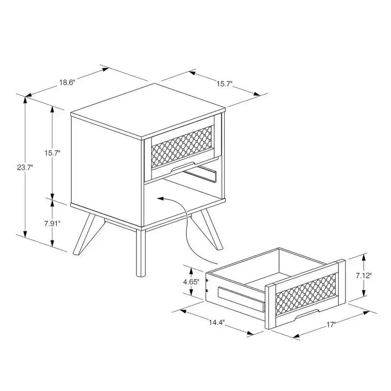 Table de chevet en bois de Barrett et rotin synthétique : 2 tiroirs, pieds inclinés - Baxton Studio
