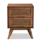 Table de chevet en bois de Barrett et rotin synthétique : 2 tiroirs, pieds inclinés - Baxton Studio