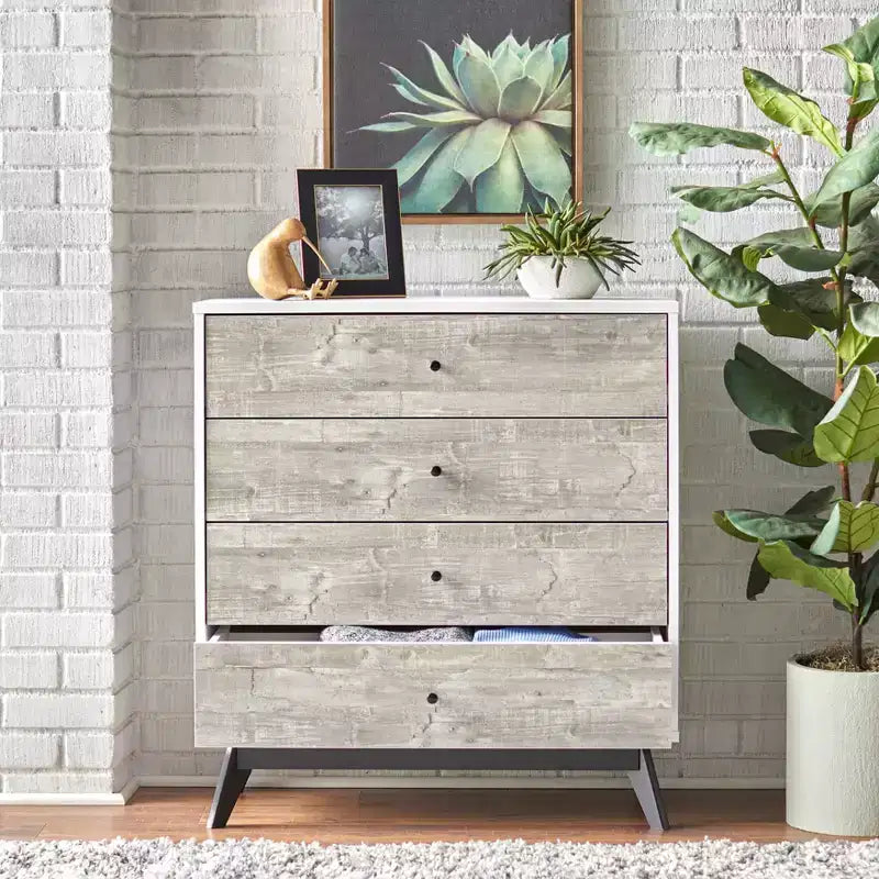 Commode Buylateral Crislana à 4 tiroirs Blanc/Gris vieilli : Rangement vertical peu encombrant