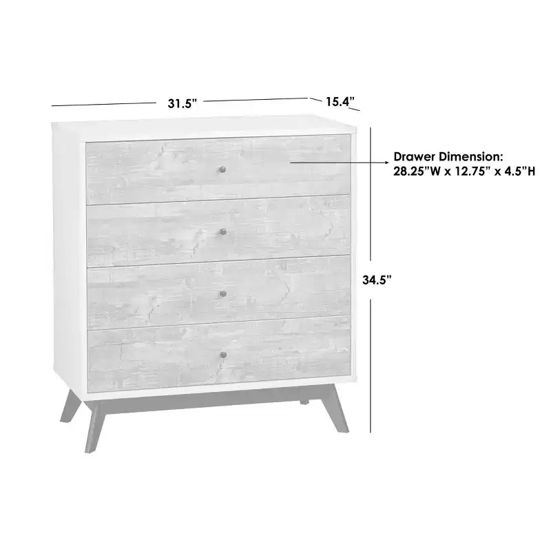 Commode Buylateral Crislana à 4 tiroirs Blanc/Gris vieilli : Rangement vertical peu encombrant