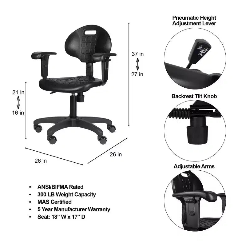 Chaise de bureau pivotante en polyuréthane réglable en hauteur de 40 à 53 cm avec accoudoirs noire - Hampden Furnishings : Structure en acier, Ventilation nervurée