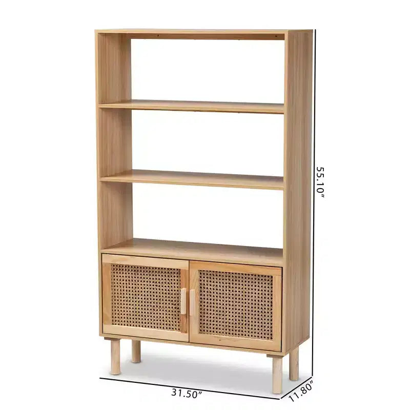 Bibliothèque Faulkner en rotin et bois naturel 55,1 po à 2 portes marron – Baxton Studio : Design Mid-Century, 3 étagères