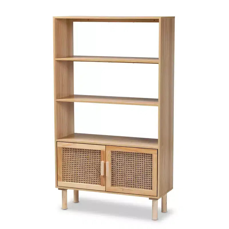 Bibliothèque Faulkner en rotin et bois naturel 55,1 po à 2 portes marron – Baxton Studio : Design Mid-Century, 3 étagères