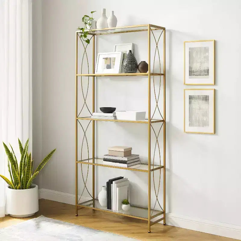 Étagère Héléna Or 76 po - Crosley : Cadre en acier robuste, accents courbés, 4 tablettes en verre transparent